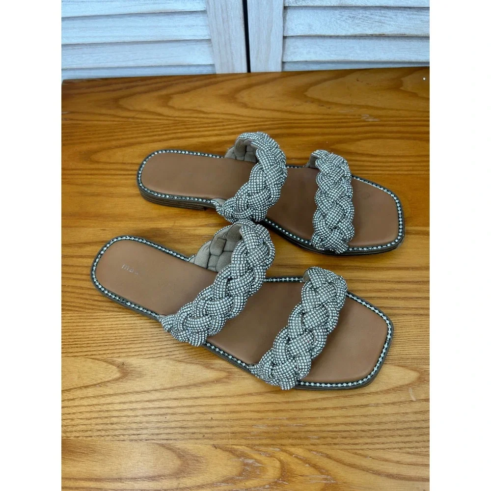 Madden Girl Brinley Sandals 10 Silver Womens Rhinestone Braided Slides